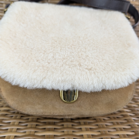 Ugg Heritage Brown Cream Leather Cow Suede Shearling Crossbody Bag - Picture 2 of 16